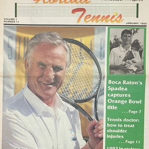 Cover of 'Florida Tennis' magazine featuring a man with a tennis racket, January 1993 issue.