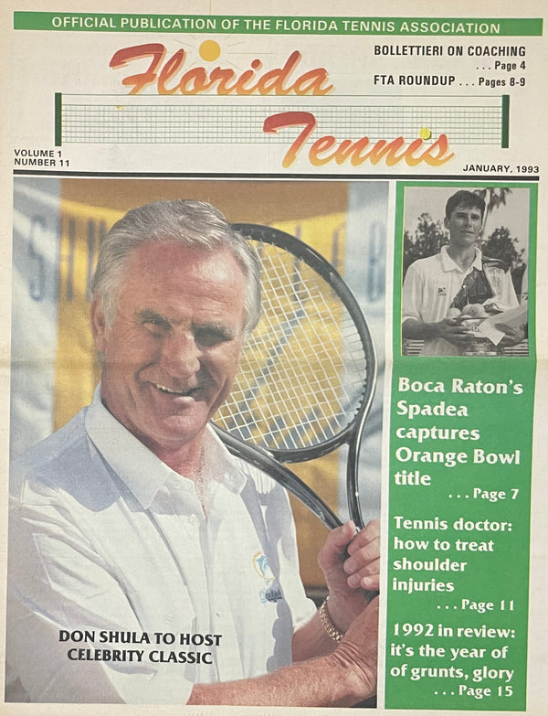 Cover of 'Florida Tennis' magazine featuring a man with a tennis racket, January 1993 issue.