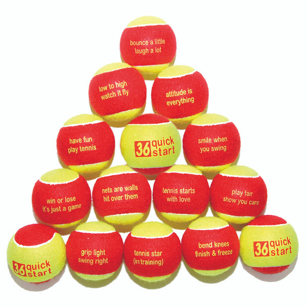 Quick Start 36 - Youth Red Felt Tennis Balls - with Slogans